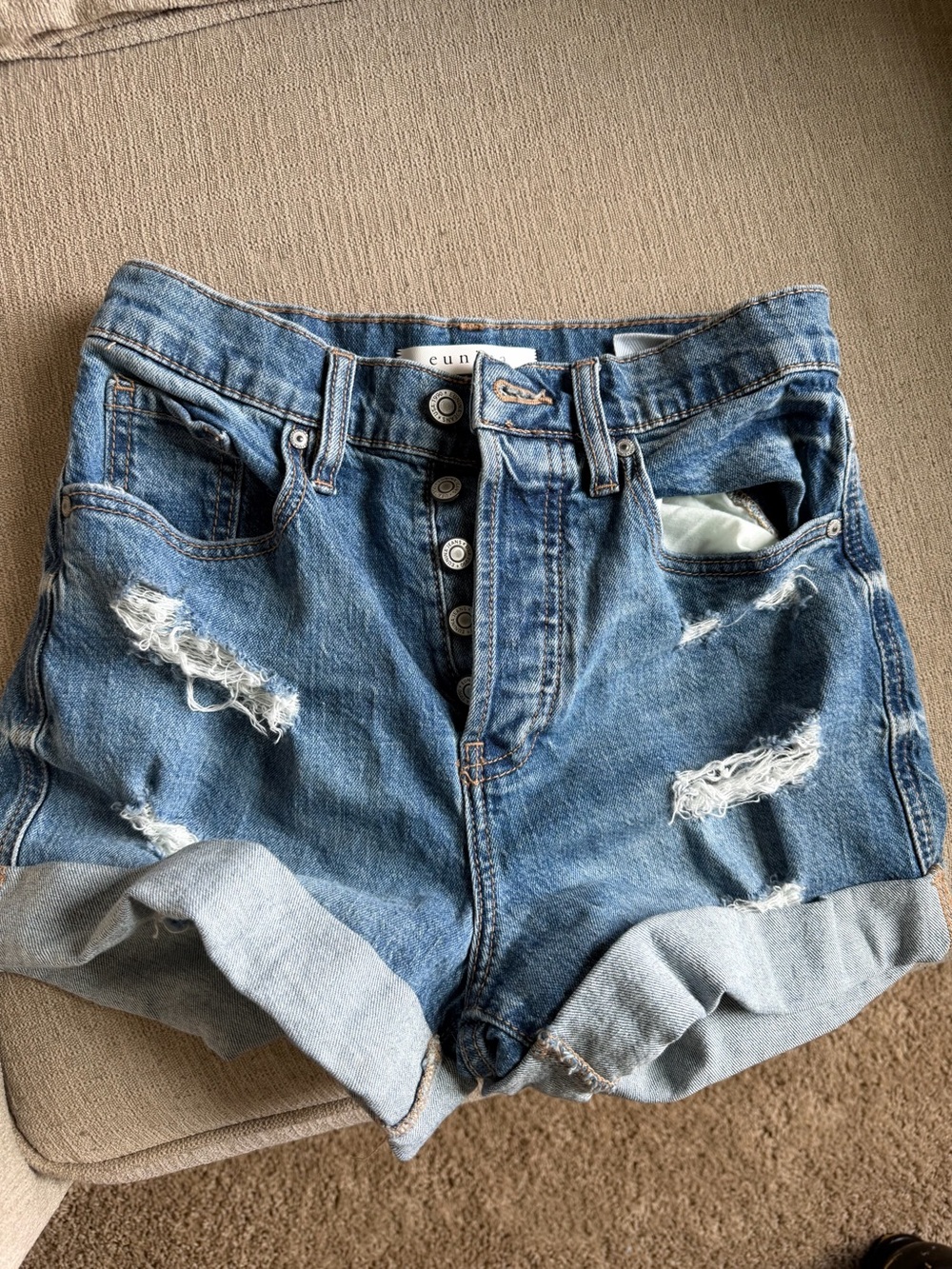 eunina Light Blue Distressed Roll-Hem Jean Shorts